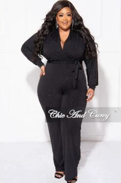 Final Sale Plus Size Faux Wrap Jumpsuit With Tie In Black Glitter -Layer Outfit 30703526674537 4