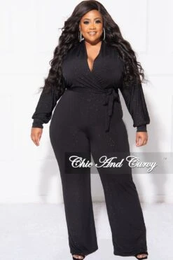 Final Sale Plus Size Faux Wrap Jumpsuit With Tie In Black Glitter