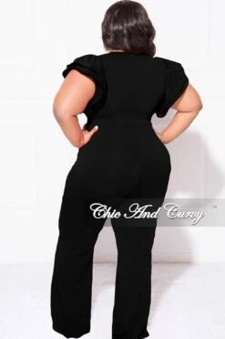 Final Sale Plus Size V-Neck Jumpsuit With Ruffle Sleeves In Black -Layer Outfit 30707692044393 4