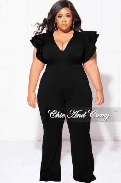 Final Sale Plus Size V-Neck Jumpsuit With Ruffle Sleeves In Black -Layer Outfit 30707692109929 3