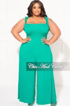 Final Sale Plus Size Jumpsuit With Smocking & Elastic Straps In Kelly Green -Layer Outfit 30732659359849 5