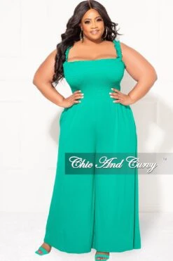 Final Sale Plus Size Jumpsuit With Smocking & Elastic Straps In Kelly Green