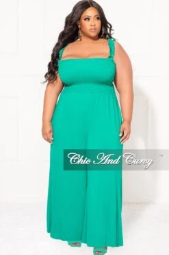 Final Sale Plus Size Jumpsuit With Smocking & Elastic Straps In Kelly Green -Layer Outfit 30732659458153 4