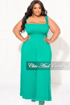 Final Sale Plus Size Jumpsuit With Smocking & Elastic Straps In Kelly Green -Layer Outfit 30732659490921 3