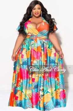 Final Sale Plus Size 2pc (Faux Wrap Crop Tie Top & Skirt) Set In