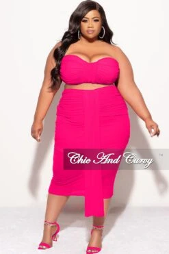 Final Sale Plus Size Sheer 2pc Strapless Crop Top And Skirt Set In Fuchsia