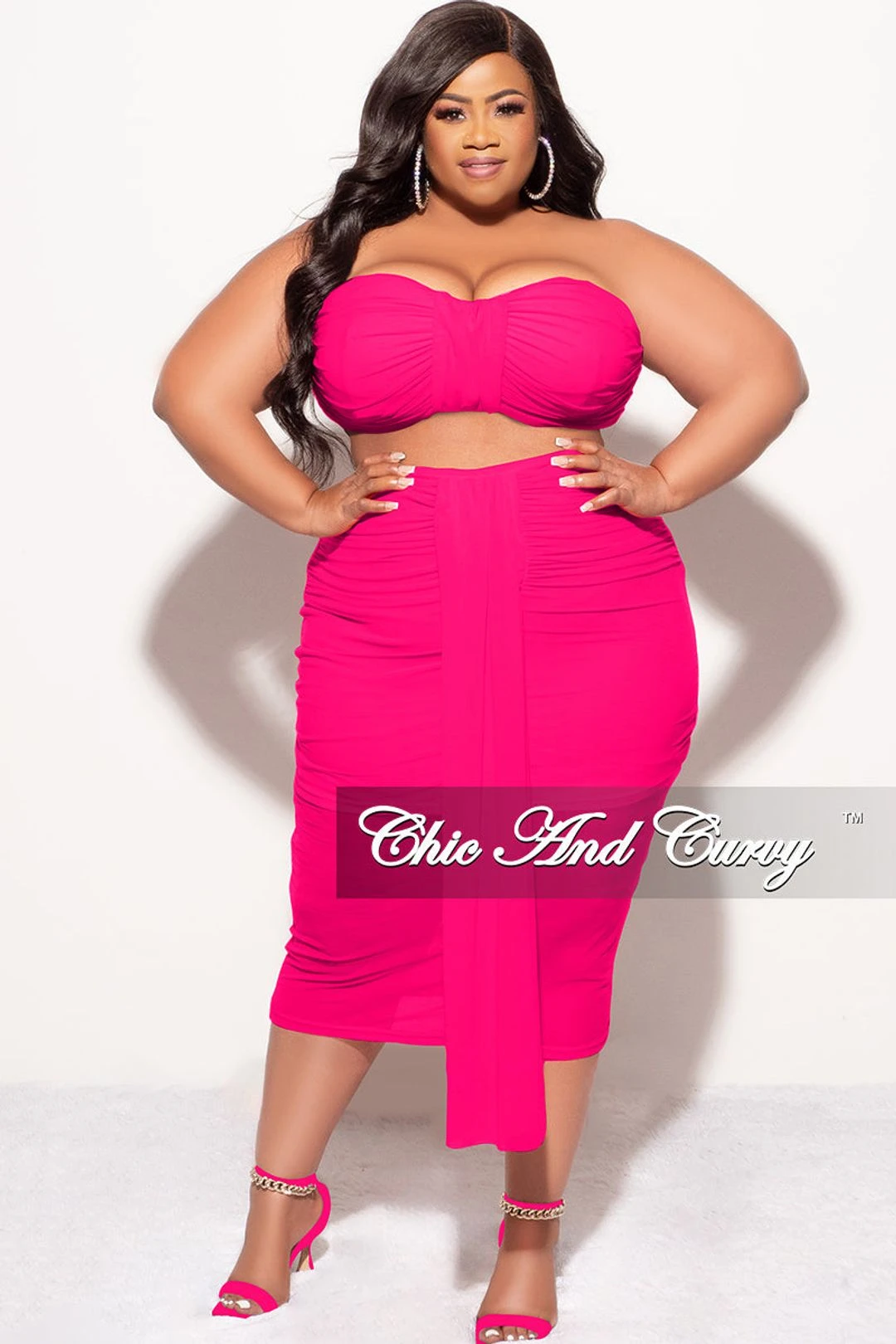 Final Sale Plus Size Sheer 2pc Strapless Crop Top And Skirt Set In Fuchsia 5 Final Sale Plus Size Sheer 2pc Strapless Crop Top And Skirt Set In Fuchsia - Image 3