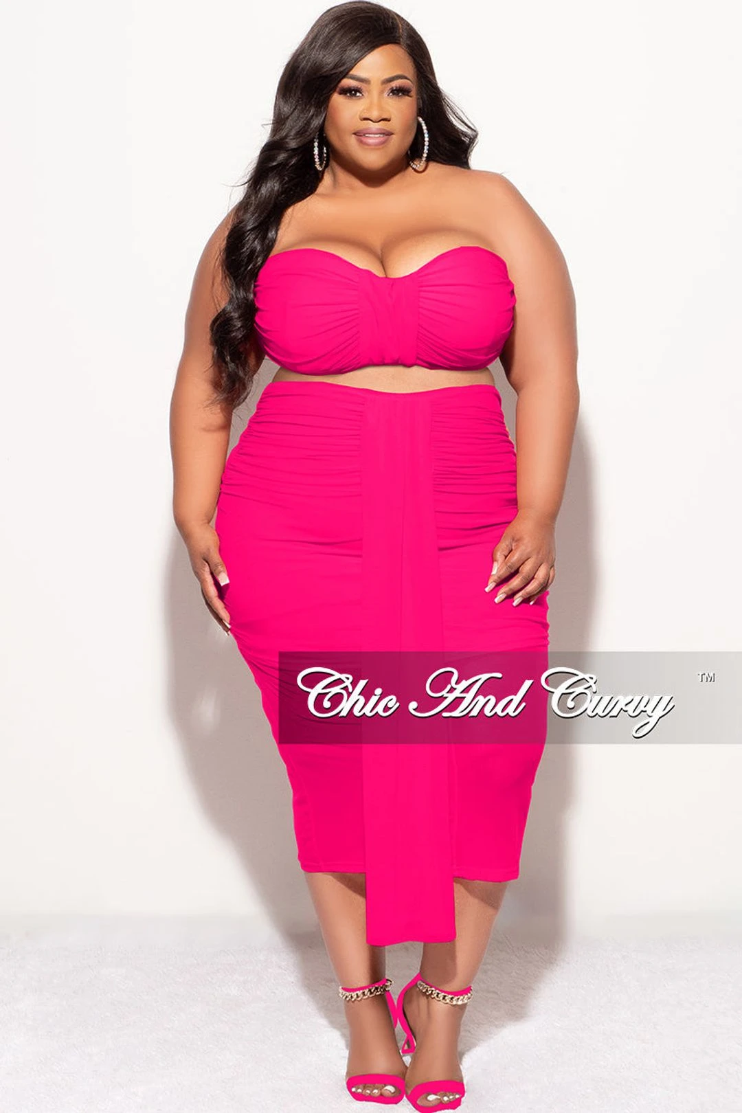 Final Sale Plus Size Sheer 2pc Strapless Crop Top And Skirt Set In Fuchsia 4 Final Sale Plus Size Sheer 2pc Strapless Crop Top And Skirt Set In Fuchsia - Image 2
