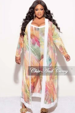 Final Sale Plus Size 2pc Duster & Spaghetti Strap Jumpsuit Set In Multi Color Print
