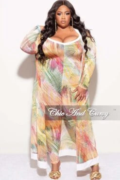Final Sale Plus Size 2pc Duster & Spaghetti Strap Jumpsuit Set In Multi Color Print -Layer Outfit 30793357033577 5