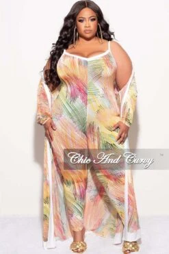 Final Sale Plus Size 2pc Duster & Spaghetti Strap Jumpsuit Set In Multi Color Print -Layer Outfit 30793357066345 3