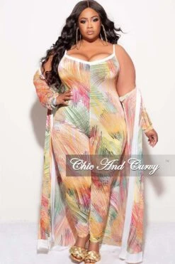 Final Sale Plus Size 2pc Duster & Spaghetti Strap Jumpsuit Set In Multi Color Print -Layer Outfit 30793357230185 4
