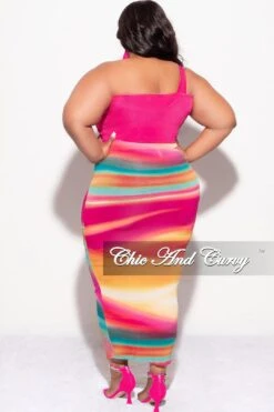 Final Sale Plus Size 2pc One Shoulder Twist Front Bra Top And Skirt In Fuchsia Multi Color Tie Dye Print -Layer Outfit 30798133723241 5
