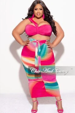 Final Sale Plus Size 2pc One Shoulder Twist Front Bra Top And Skirt In Fuchsia Multi Color Tie Dye Print -Layer Outfit 30798133756009 3
