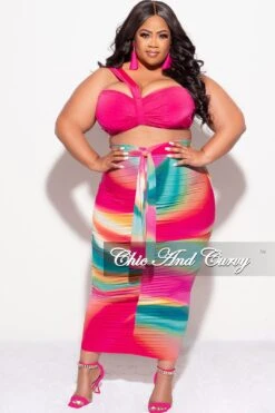 Final Sale Plus Size 2pc One Shoulder Twist Front Bra Top And Skirt In Fuchsia Multi Color Tie Dye Print -Layer Outfit 30798133788777 4