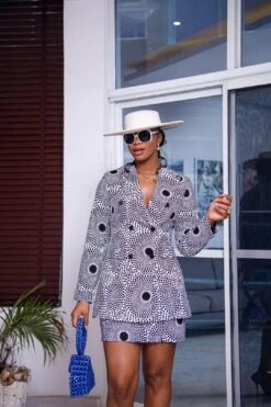 OLIVIA AFRICAN PRINT DOUBLE BREASTED JACKET AND SKIRT SET [WHITE]