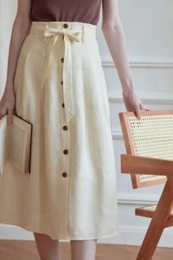 Angie French Style Creamy Midi Linen Skirt