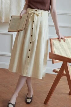 Angie French Style Creamy Midi Linen Skirt -Layer Outfit 30925225885882 7