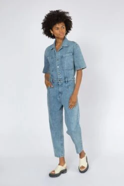 Angled Pocket Jumpsuit - Mid Blue Stone Washed Denim -Layer Outfit 30930952093878 5