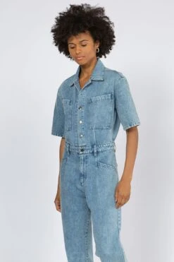 Angled Pocket Jumpsuit - Mid Blue Stone Washed Denim -Layer Outfit 30930959040694 8