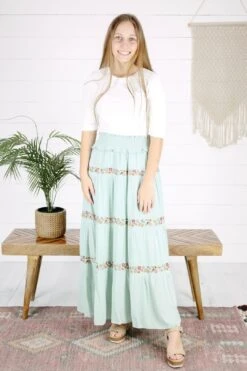 Nadia Embroidered Maxi Skirt - Sage