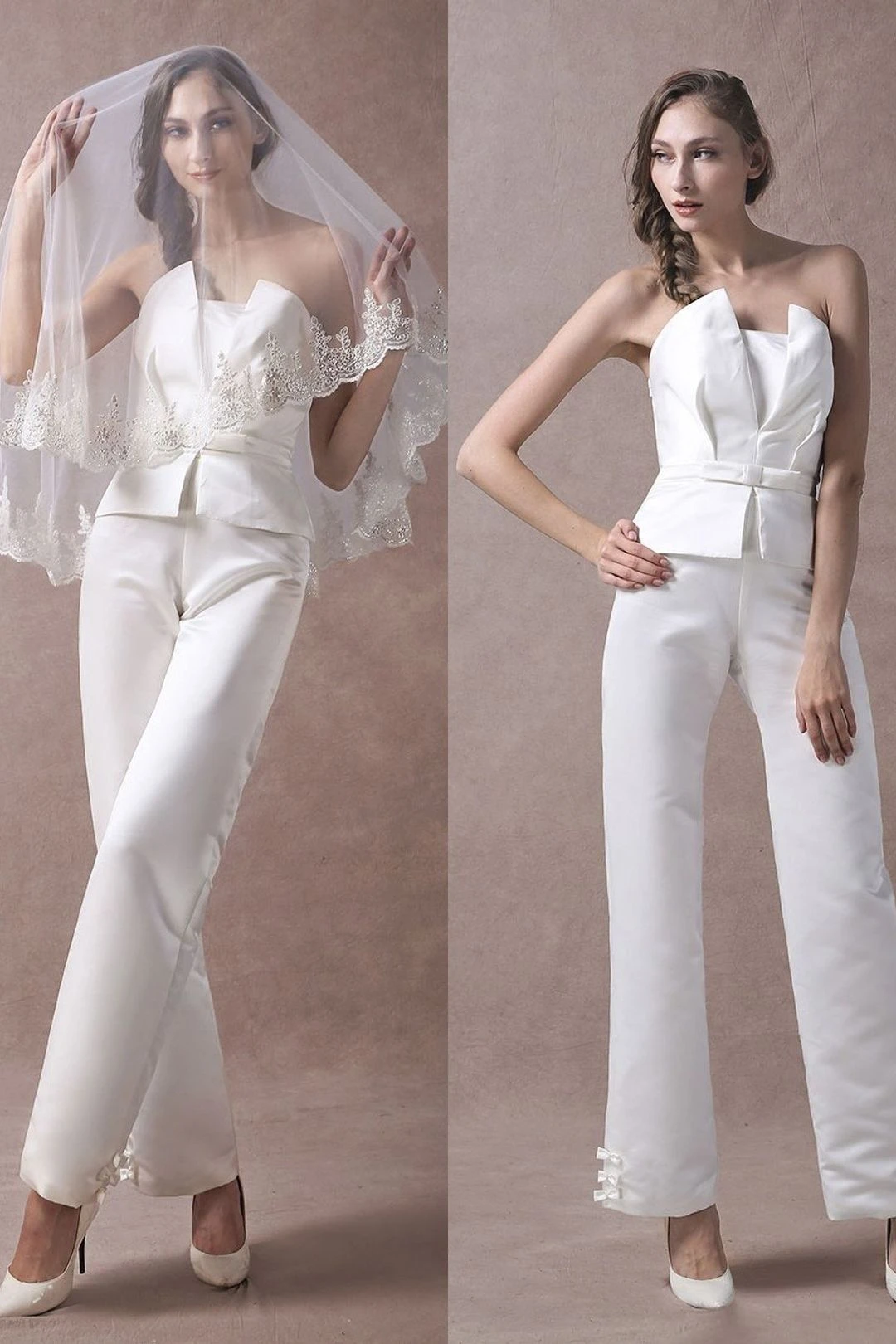 Wedding Jumpsuits Ivory Strapless Peplum Satin Bow Sash Long Bridal Jumpsuits Exclusive 3 Wedding Jumpsuits Ivory Strapless Peplum Satin Bow Sash Long Bridal Jumpsuits Exclusive