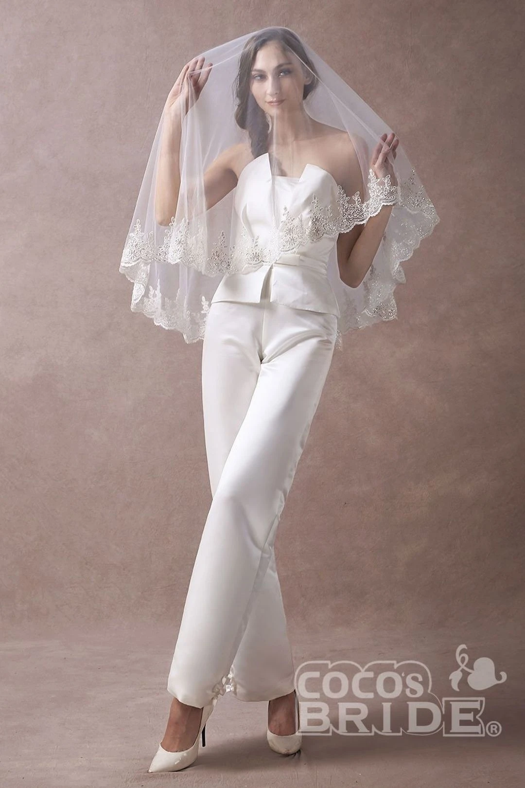 Wedding Jumpsuits Ivory Strapless Peplum Satin Bow Sash Long Bridal Jumpsuits Exclusive 4 Wedding Jumpsuits Ivory Strapless Peplum Satin Bow Sash Long Bridal Jumpsuits Exclusive - Image 2