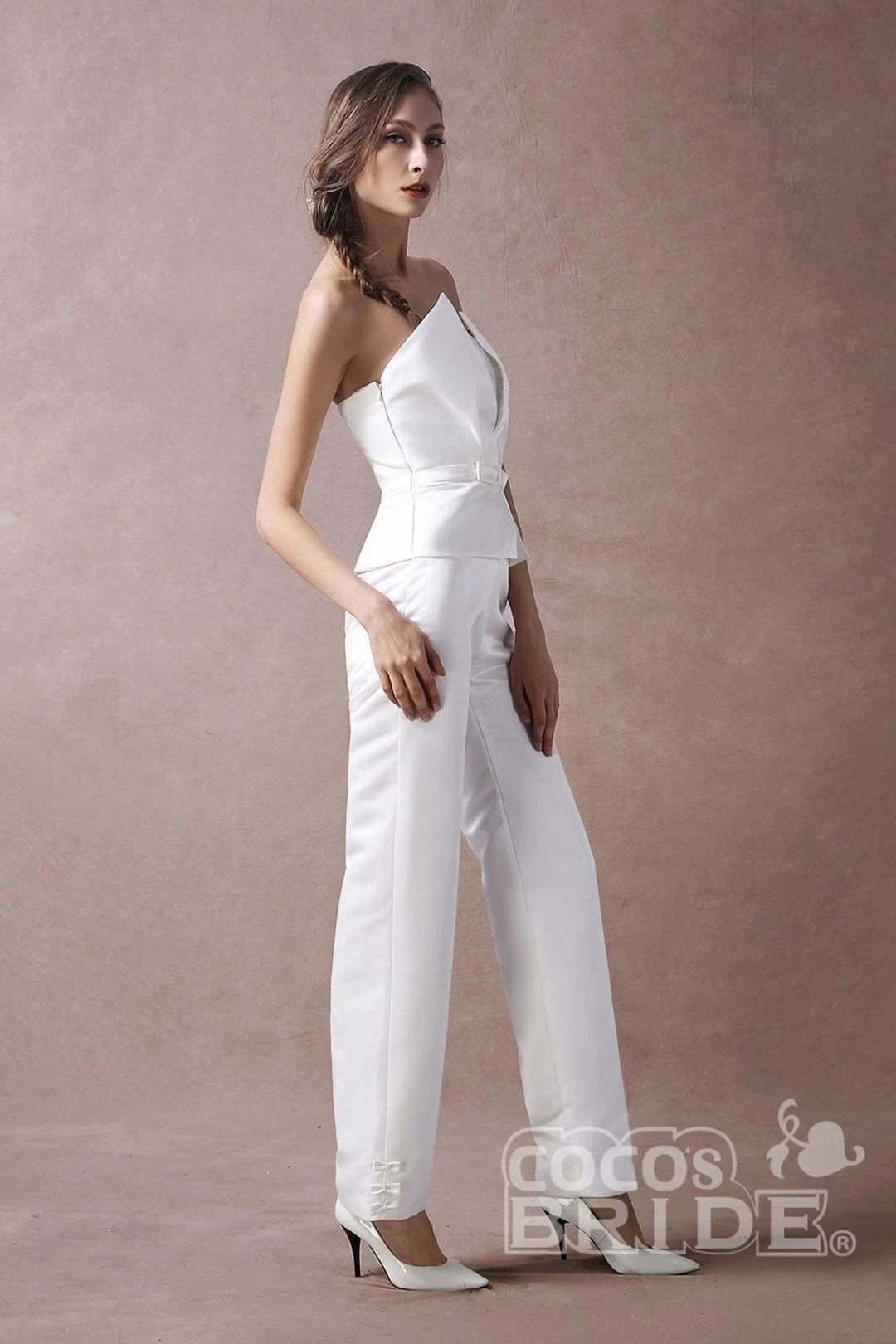 Wedding Jumpsuits Ivory Strapless Peplum Satin Bow Sash Long Bridal Jumpsuits Exclusive 7 Wedding Jumpsuits Ivory Strapless Peplum Satin Bow Sash Long Bridal Jumpsuits Exclusive - Image 5