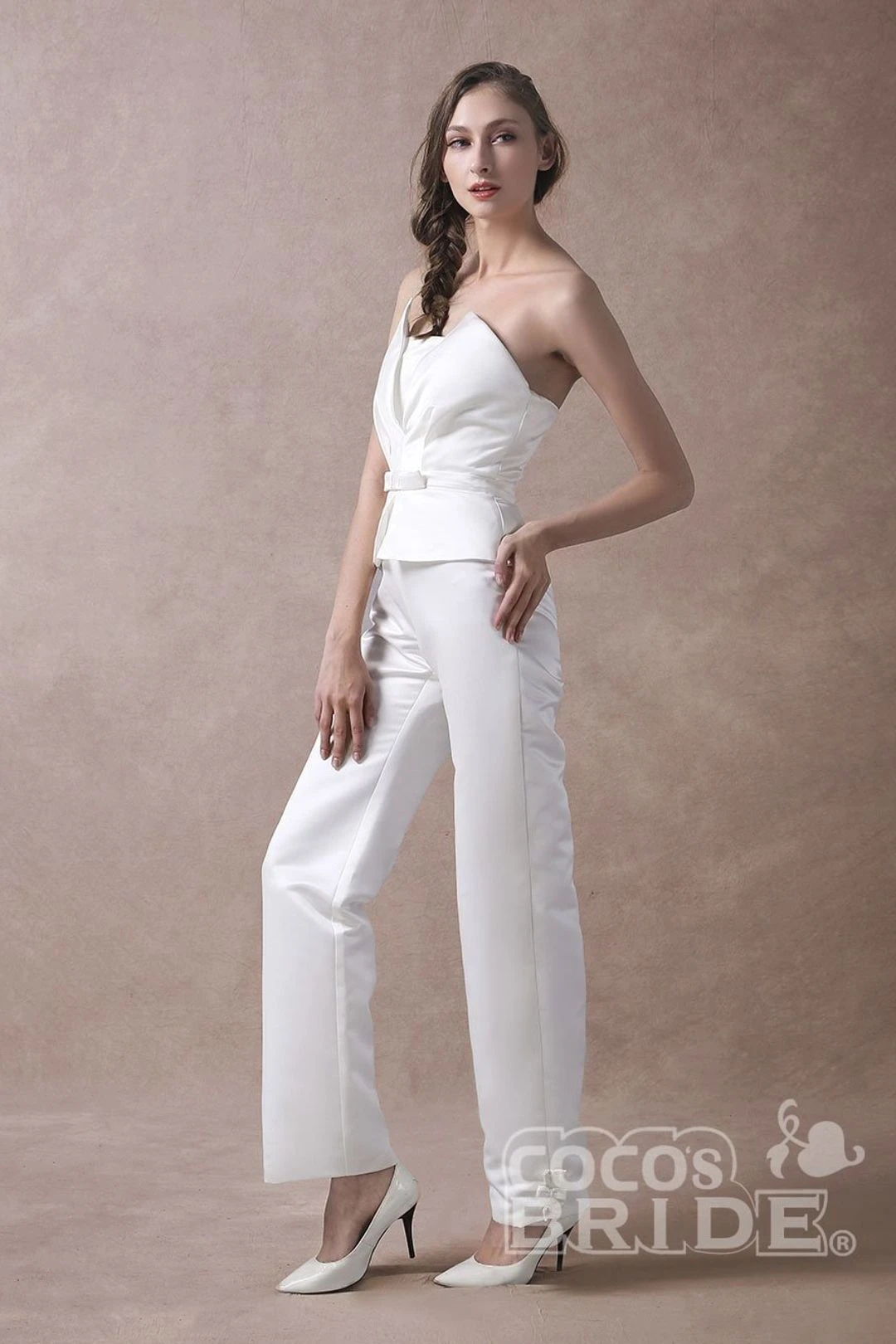 Wedding Jumpsuits Ivory Strapless Peplum Satin Bow Sash Long Bridal Jumpsuits Exclusive 8 Wedding Jumpsuits Ivory Strapless Peplum Satin Bow Sash Long Bridal Jumpsuits Exclusive - Image 6