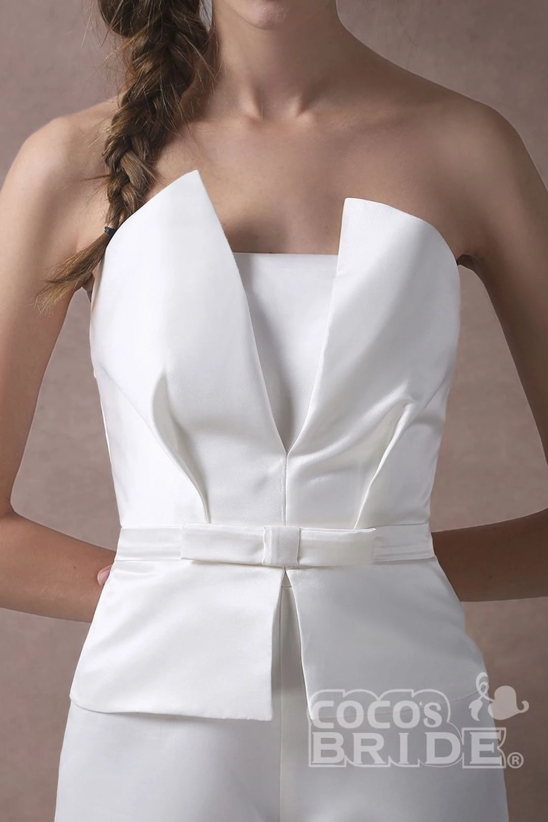Wedding Jumpsuits Ivory Strapless Peplum Satin Bow Sash Long Bridal Jumpsuits Exclusive 12 Wedding Jumpsuits Ivory Strapless Peplum Satin Bow Sash Long Bridal Jumpsuits Exclusive - Image 10