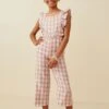Plaid Button Back Ruffled Sleeveless Jumpsuit