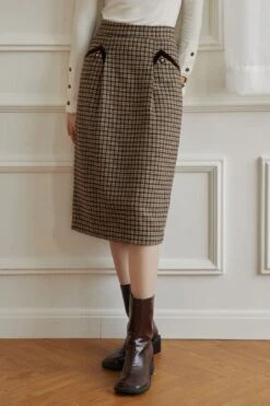 Layne Houndstooth Brown Midi Skirt