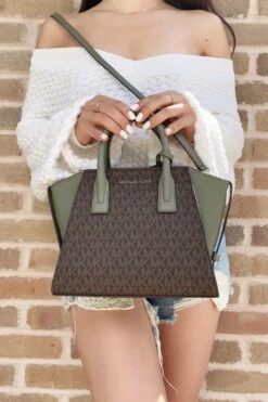 Michael Kors Avril Small Leather Top Zip Satchel Crossbody Brown MK Army Green