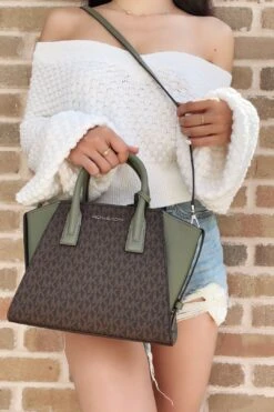 Michael Kors Avril Small Leather Top Zip Satchel Crossbody Brown MK Army Green -Layer Outfit 32449870692536 6