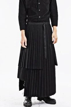 Dark Black Essentials Pleats Wrap Long Skirt // Pleated Skirt Mens / Wear It With Drop Crotch Pants