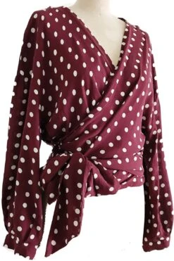 Zara Burgundy V Neck Polka Dot Wrap Top