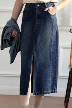 Julie Vintage Straight Slit Denim Skirt -Layer Outfit 33136263069882 11