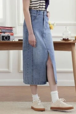Julie Vintage Straight Slit Denim Skirt -Layer Outfit 33136263168186 3