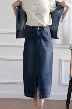 Julie Vintage Straight Slit Denim Skirt -Layer Outfit 33136263233722 10