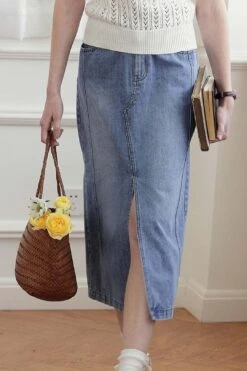 Julie Vintage Straight Slit Denim Skirt -Layer Outfit 33136263266490 7