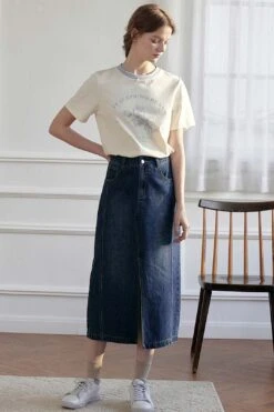 Julie Vintage Straight Slit Denim Skirt -Layer Outfit 33136263299258 9
