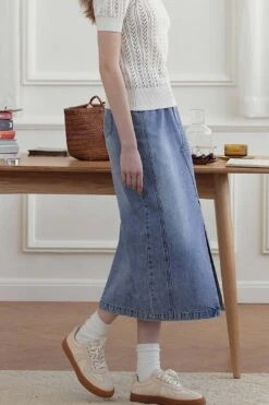 Julie Vintage Straight Slit Denim Skirt -Layer Outfit 33136263397562 8