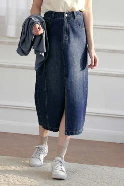 Julie Vintage Straight Slit Denim Skirt -Layer Outfit 33136263790778 12