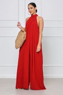 Wish You Were Mine Halter Top Wide Leg Jumpsuit (Red)