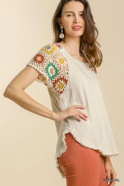 Linen Blend Round Neck Color Crochet Short Sleeve Top -Layer Outfit 33825110589602 5