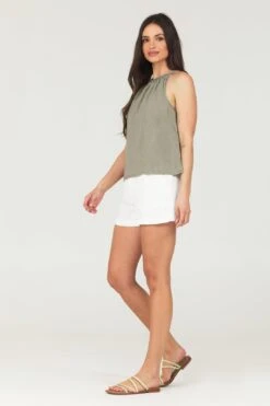 Shirred Sleeveless Halter Top - Soft Army 7 Shirred Sleeveless Halter Top - Soft Army -Layer Outfit 33947506278560 3