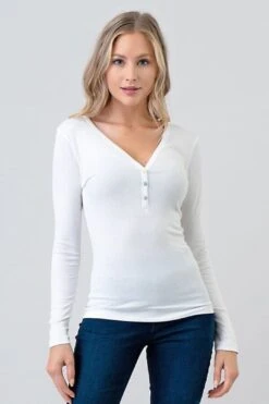 Henley Ribbed Top - White