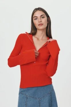 ROWIE - TRAVIS ZIP KNIT TOP - APEROL RED