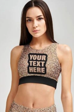 Personalized Crop Top Glitter High Neck Padded Sports Bra - Women
