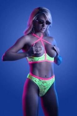 Fantasy Glow Black Light Persuasive Open Cup Bra & Panty Neon Green